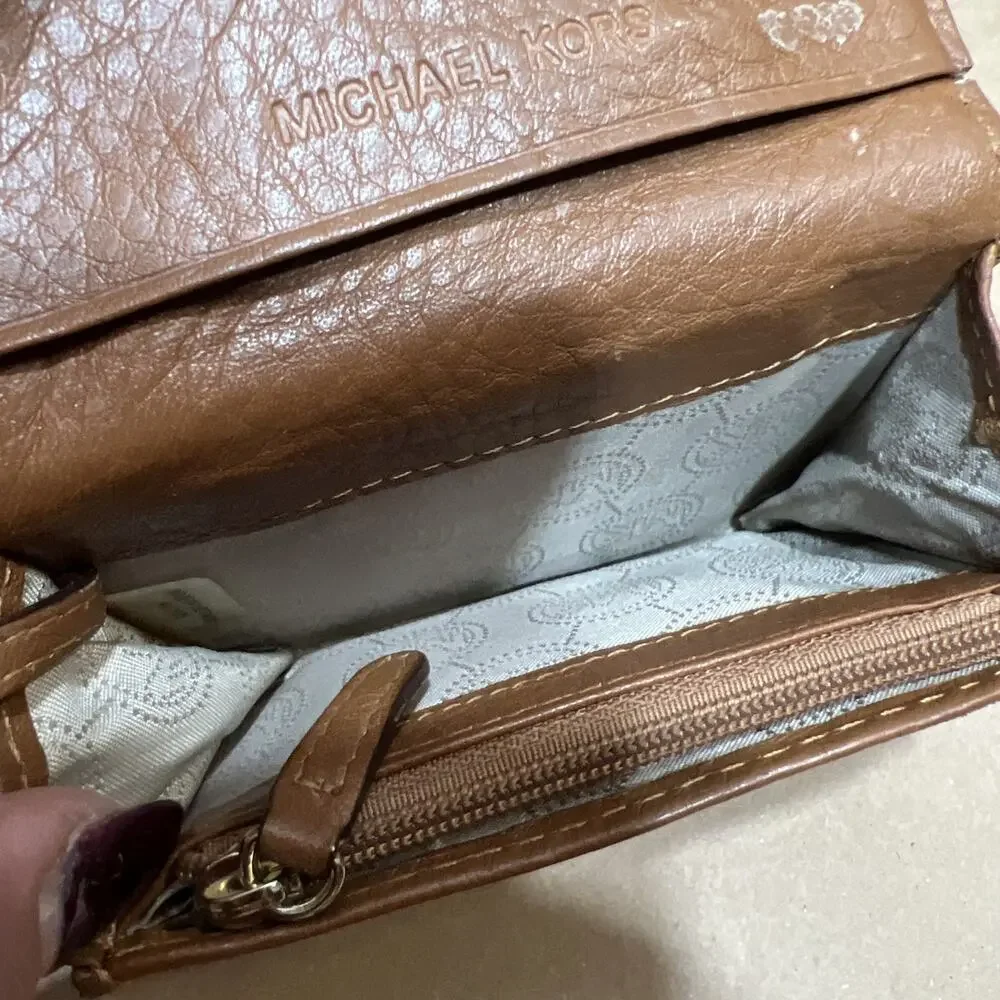 Michael Kors Fulton Small Pebbled Leather Keychain Wallet Brown ID Case & Coin